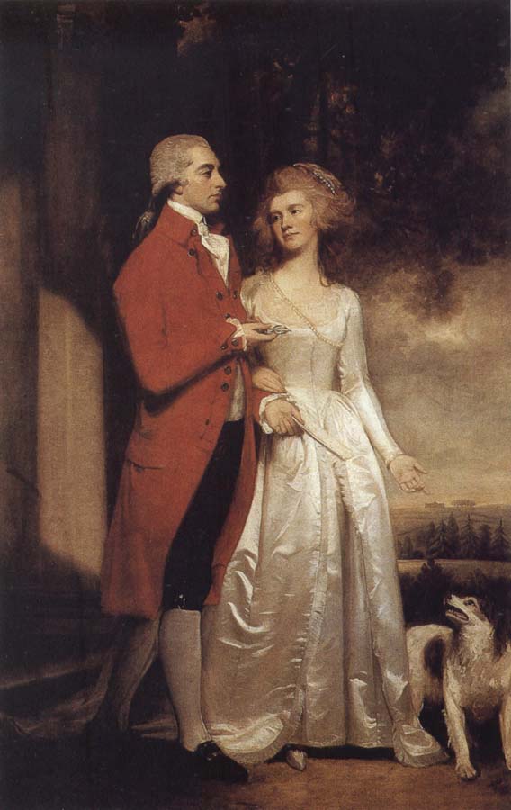 George Romney Sir Christopher and Lady Sykes strolling in the garden at Sledmere